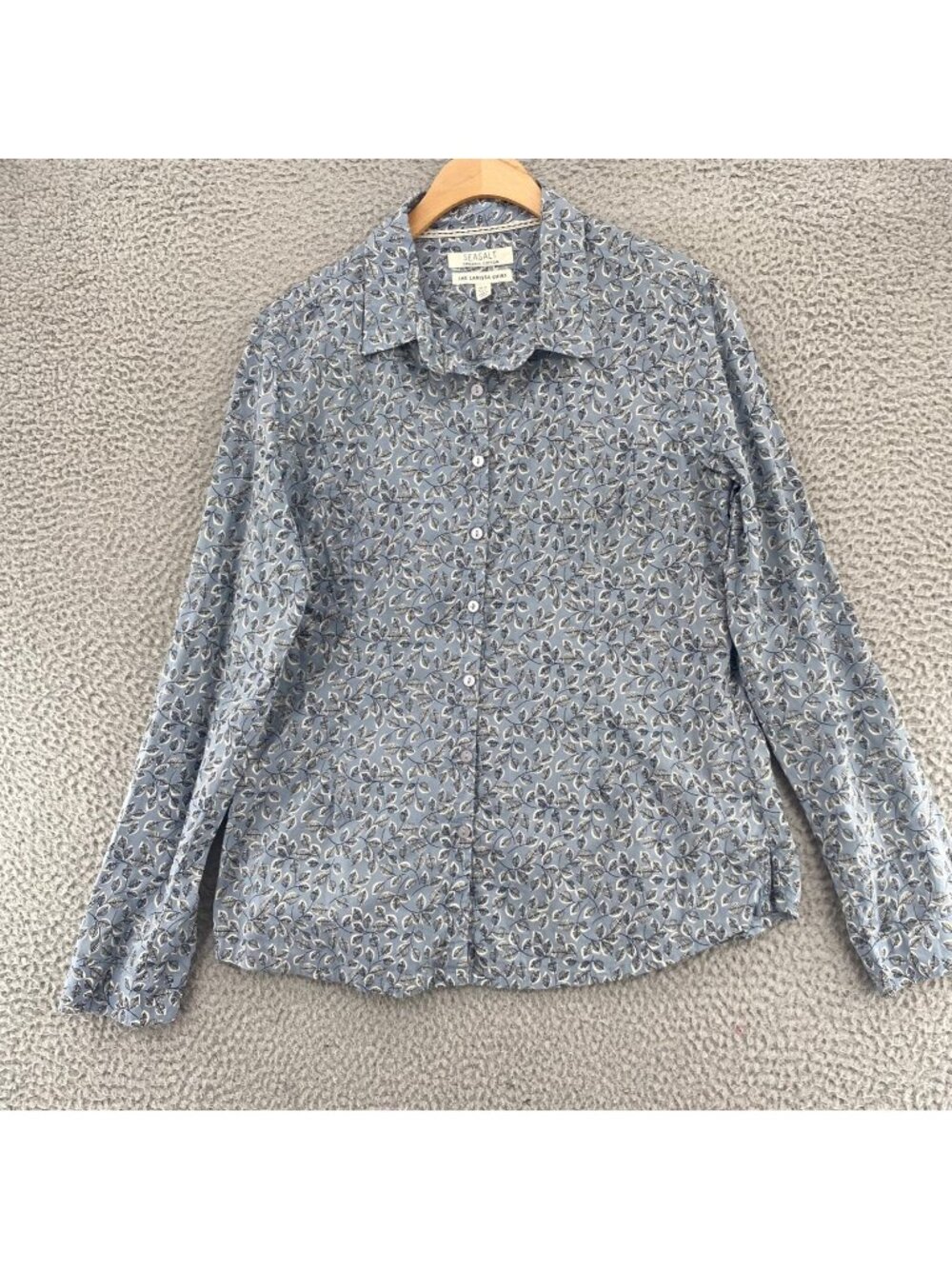 Seasalt Shirt Women 6 Larissa Blue Leaf Floral Button Up Roll Tab Organic Cotton